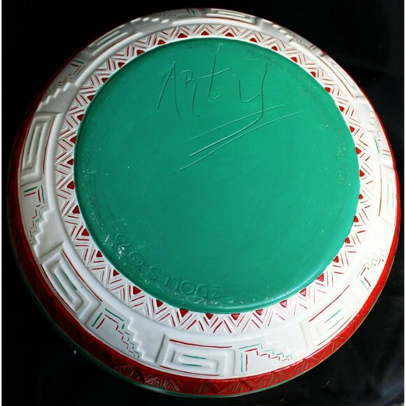 Hand Painted Ceramic Bowl Vase Indian Geometric White Green Red Striped Native - Picture 7 of 9